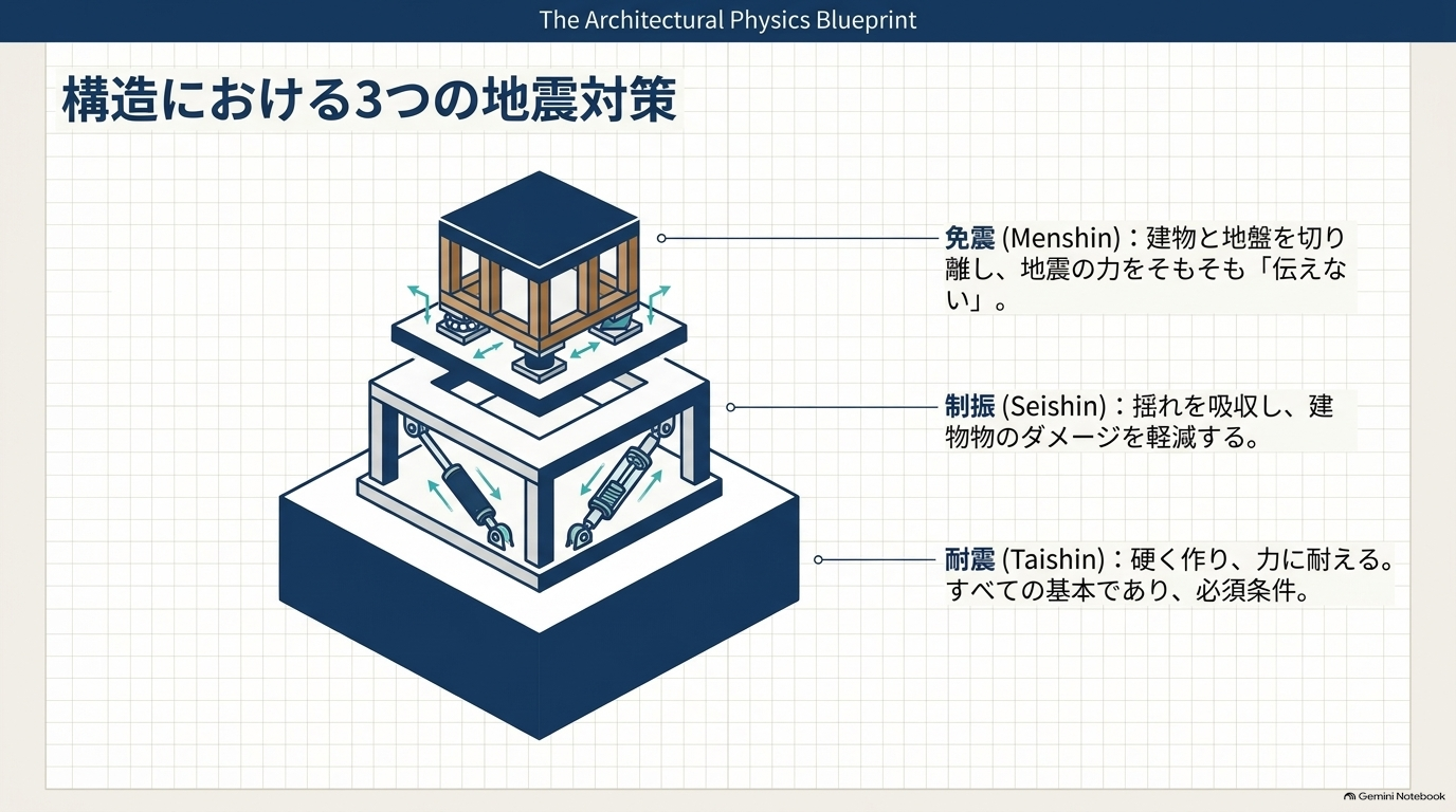 建築構造における地震対策である、免震、制振、耐震の3つの違いと特徴を説明した図解。