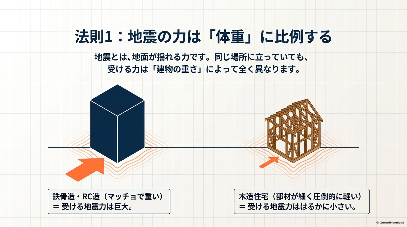 地震の力は建物の重さに比例し、重い鉄骨・RC造に比べて、軽い木造住宅が受ける力は格段に小さいことを説明しています。