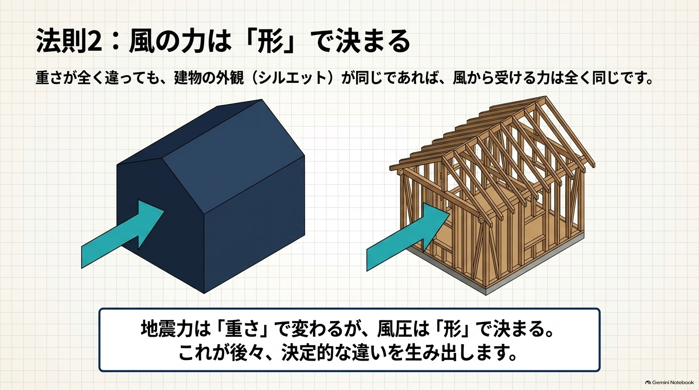 建物の受ける風の力は形に依存するため、重さが違っても形状が同じであれば受ける風圧は等しいという物理原則を示しています。