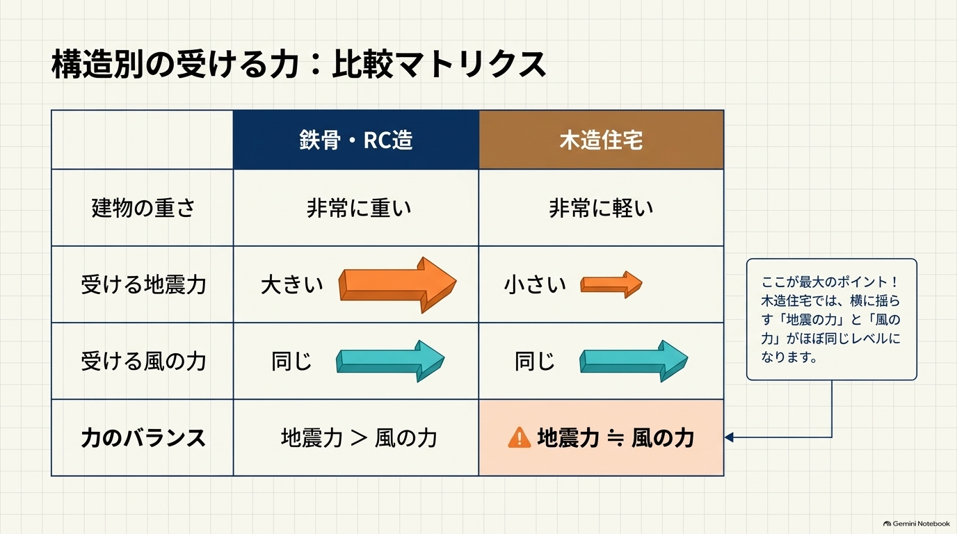 鉄骨・RC造と木造住宅における地震力と風圧力のバランスを比較した表で、木造では両者がほぼ同等であることを指摘しています。