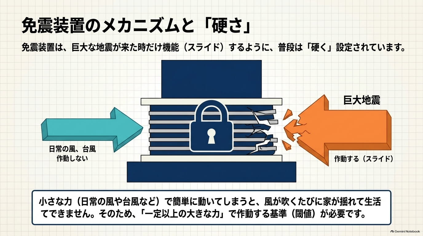 免震装置は、日常の風で揺れないよう「硬く」設定されており、巨大地震の時のみロックが外れて作動する仕組みを説明しています。
