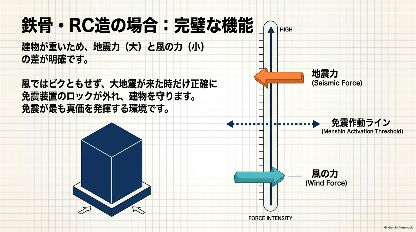 鉄骨・RC造は重量が重いため、風の力と地震力の差が明確で、免震装置が理想的に機能することを図解しています。