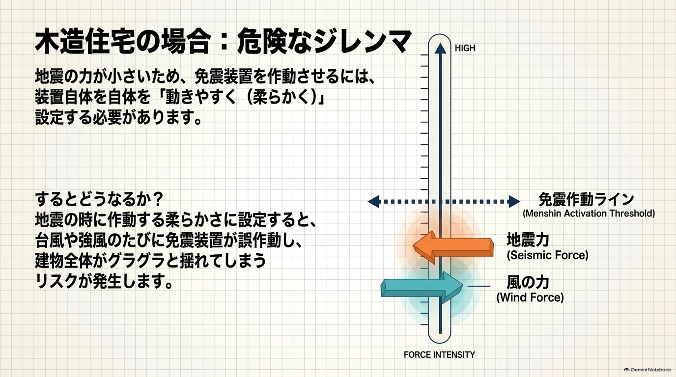 木造住宅は建物が軽いため、免震装置の作動閾値を下げざるを得ず、風で建物が揺れてしまうジレンマが生じることを説明しています。