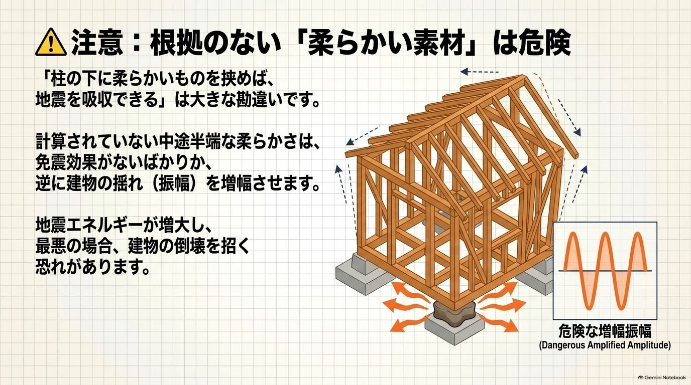 根拠なく柔らかい素材を土台に使用することは、免震効果がないだけでなく、建物の揺れを増幅させ倒壊のリスクを高める警告です。