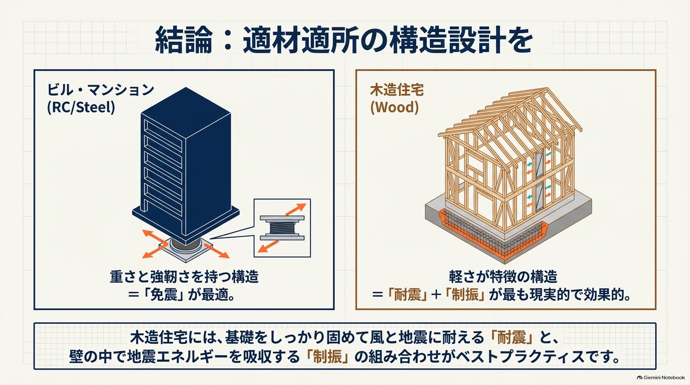 建物の特性に応じた最適な構造設計を推奨し、木造住宅には耐震と制振を組み合わせるのがベストプラクティスであると結論づけています。